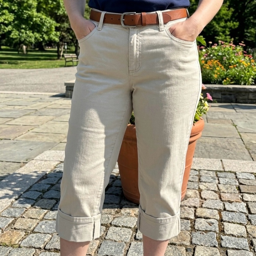 Talbots Khaki Tan Denim Capri Pants Coastal Preppy Cotton Cuffed Crop Size 2 EUC